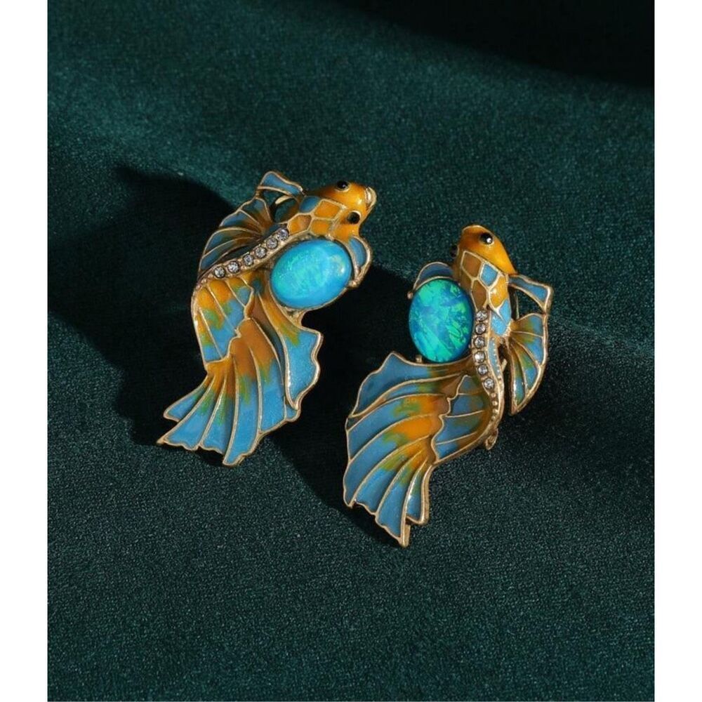 Blue Opal Enamel Koi Fish Earrings